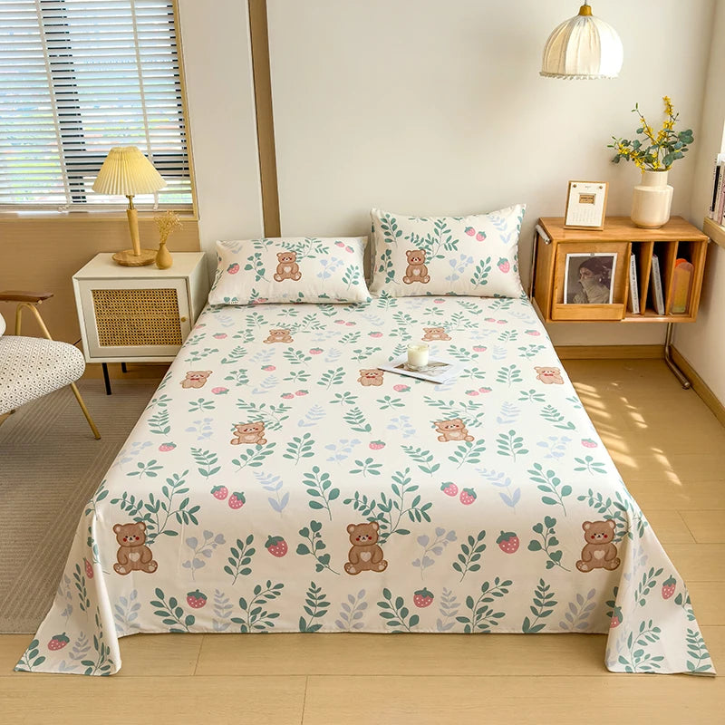 3Pcs Cartoon Strawberry Rabbit Cotton Bed Sheet Set Kawaii Style Bedroom Decor Flat Sheet High Quality Thickened Bedding Set