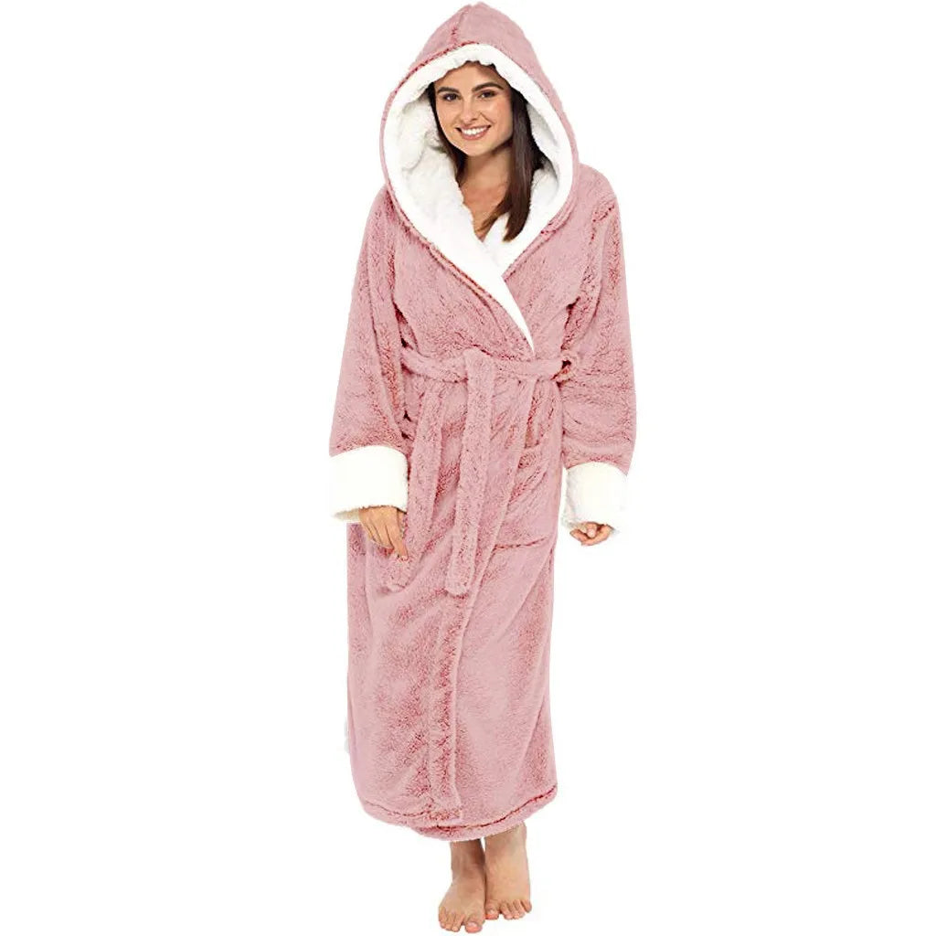 Women'S Long Bathrobe Soft Comfortable Flannel Nightgown With Belt Autumn And Winter Solid Color Fleece Hooded Bathrobe 2024