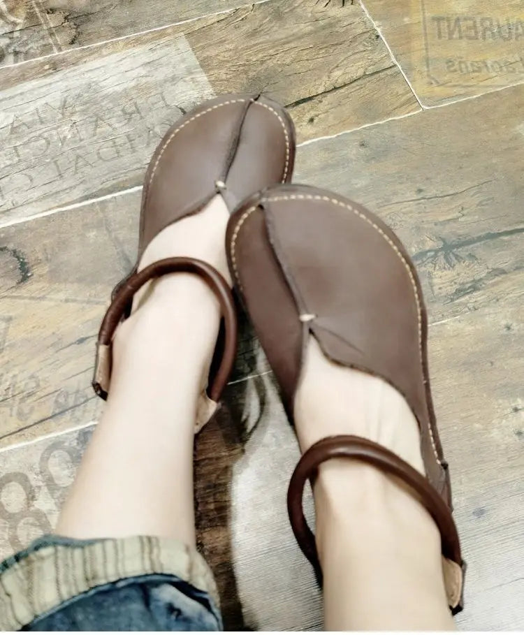 Retro genuine leather barefoot shoes big nose wide toe handmade cowhide flat soft sole autumn women's shoes Zero Drop Sole