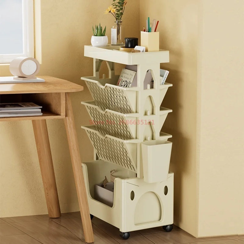 Household Desk Edge Floor Standing Movable Plastic Bookshelf With Pulley Student Book Office Storage Tool Multifunctional Shelf