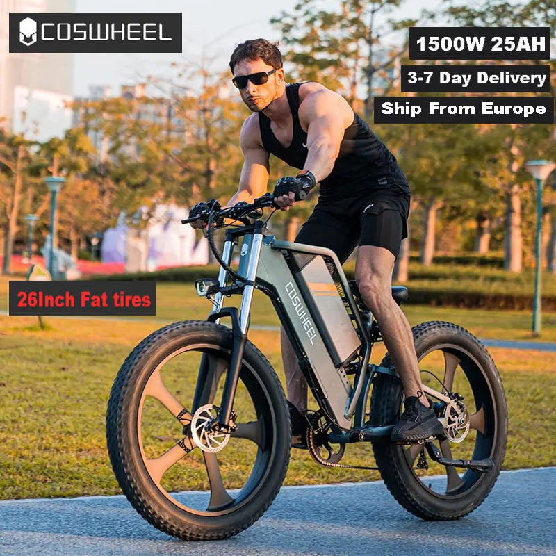 COSWHEEL T26 Electric Bike 26Inch Fat tires Adult Electric Mountain Bike 1500W 48V 25AH hydraulic brake ebike Off Road bicycle