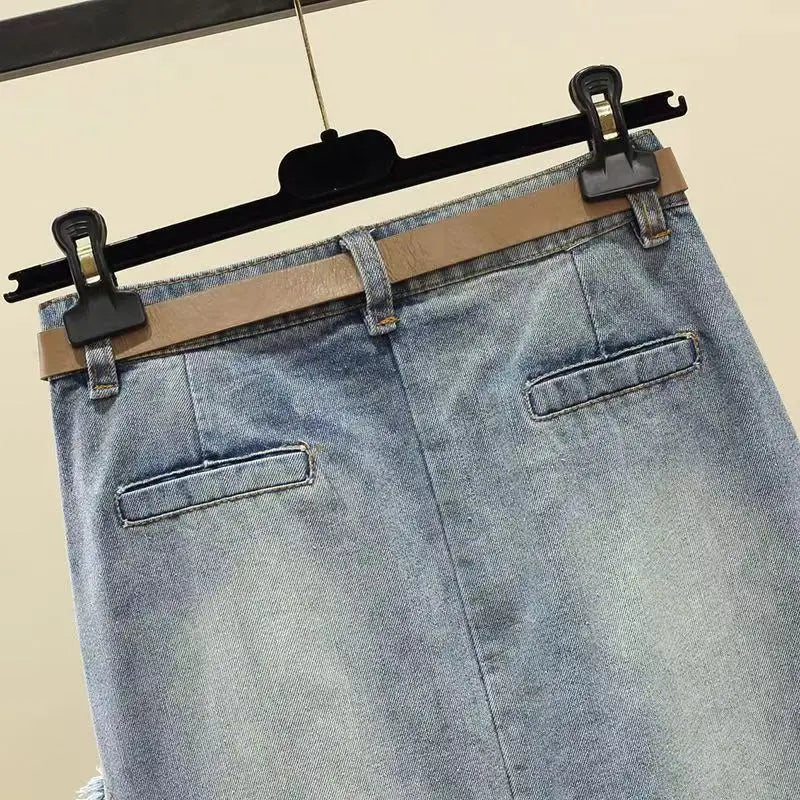 Casual Jean Skirts For Women Mid Waist Front Slit Denim Skirts Loose Fit Mid Length Y2K  Skirts Fashion Streetwear Without Belt