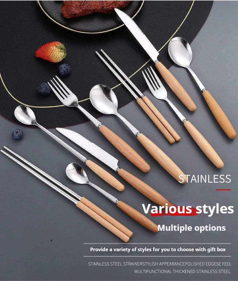 Kitchen Supplie Stainless Steel Marbled Wood Handle Knife, Fork and Spoon 5 Piece Deluxe Premium Steak and Dessert Cutlery Set