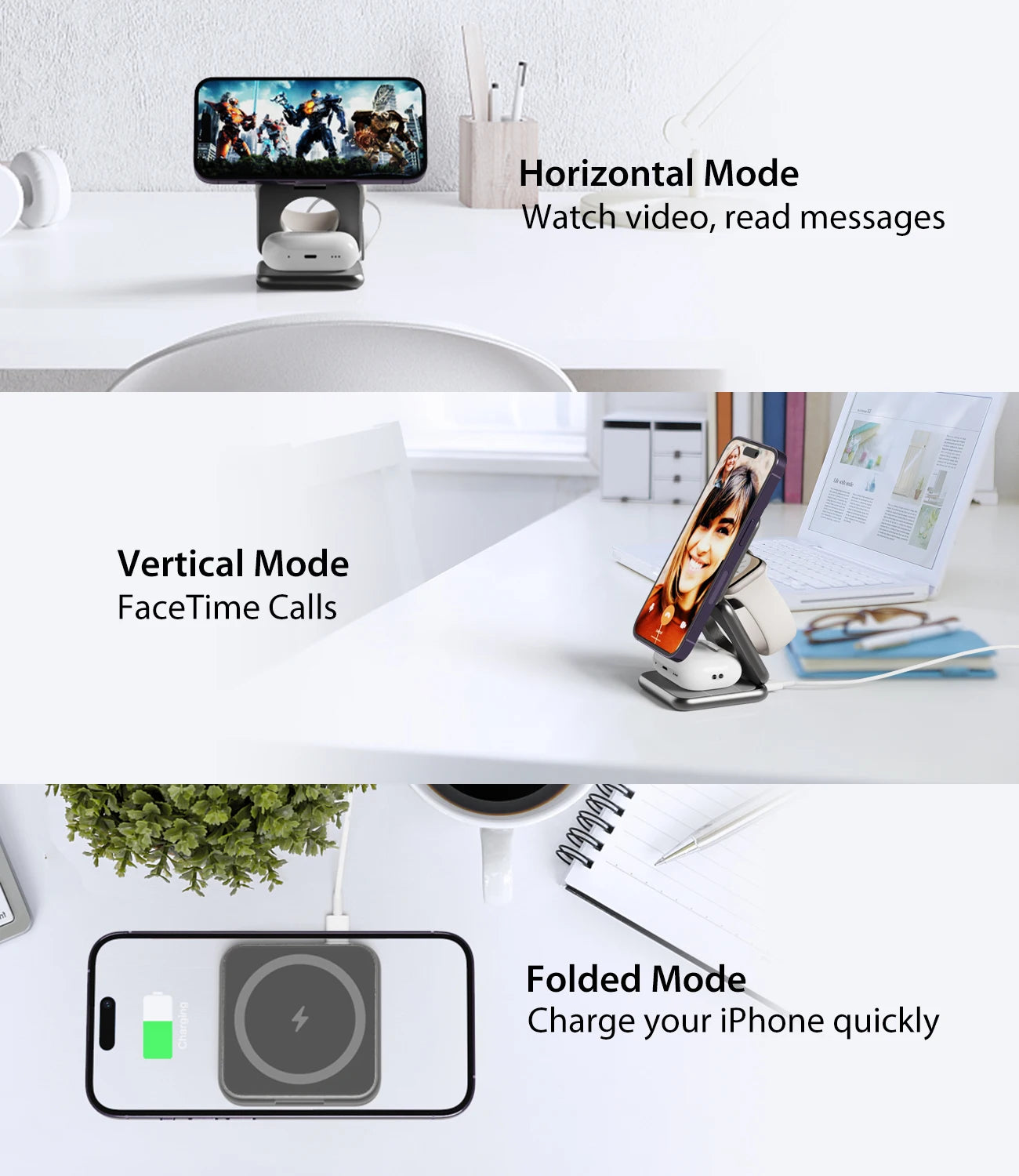 KUXIU 3 In 1 Foldable Magnetic Wireless Charger Stand For iPhone15 14 13Pro/Max/Plus, AirPods 3/2/Pro, iWatch Dock Fast Charger