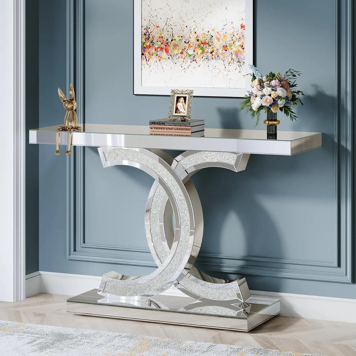 Mirrored Console Table with Crystal Inlays – Modern Silver Entryway Table