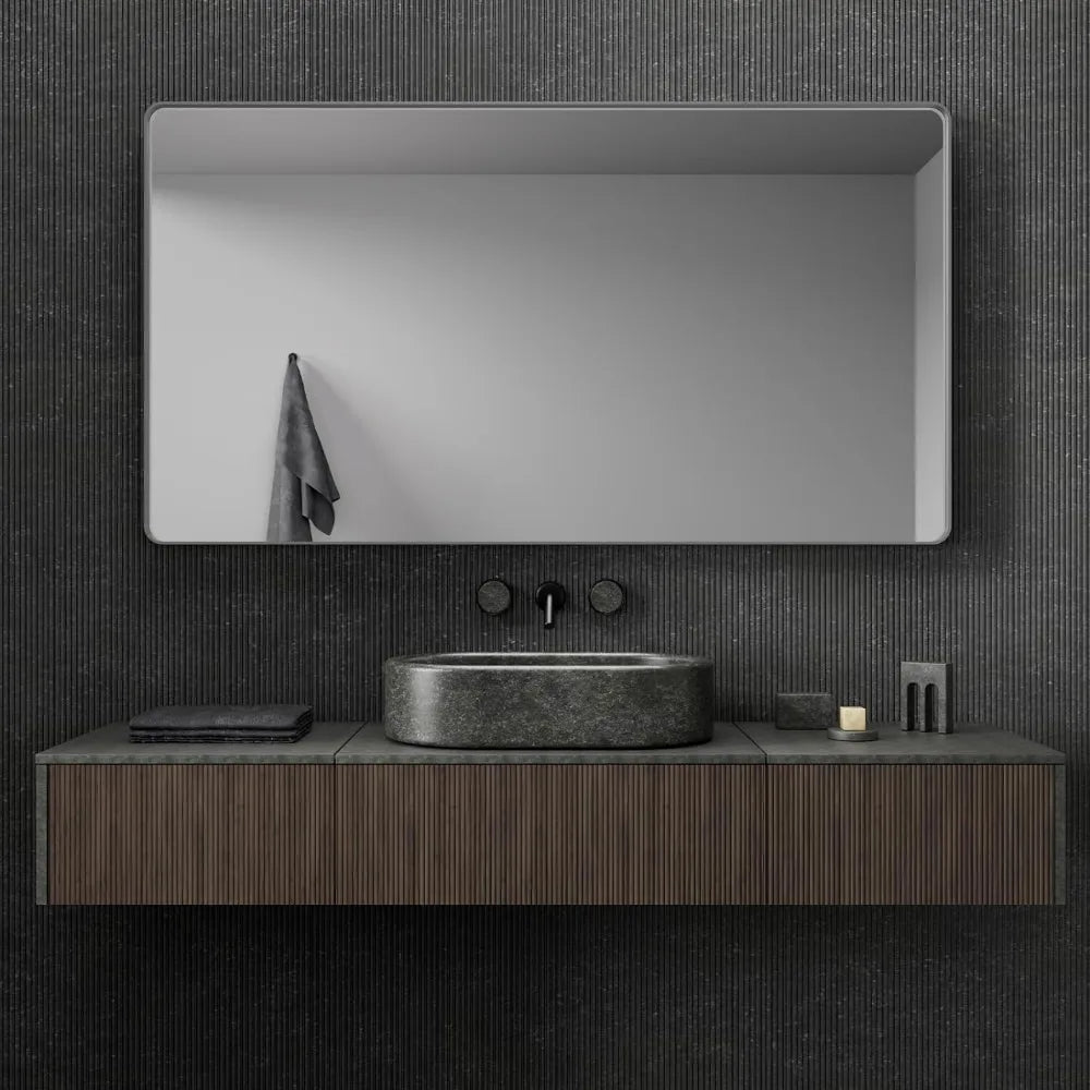 Brushed Silver Wall Mounted Mirror for Bathroom, 55 x 36 Inch Silver Rectangular Metal Framed Vanity Mirror, Tempered Glass