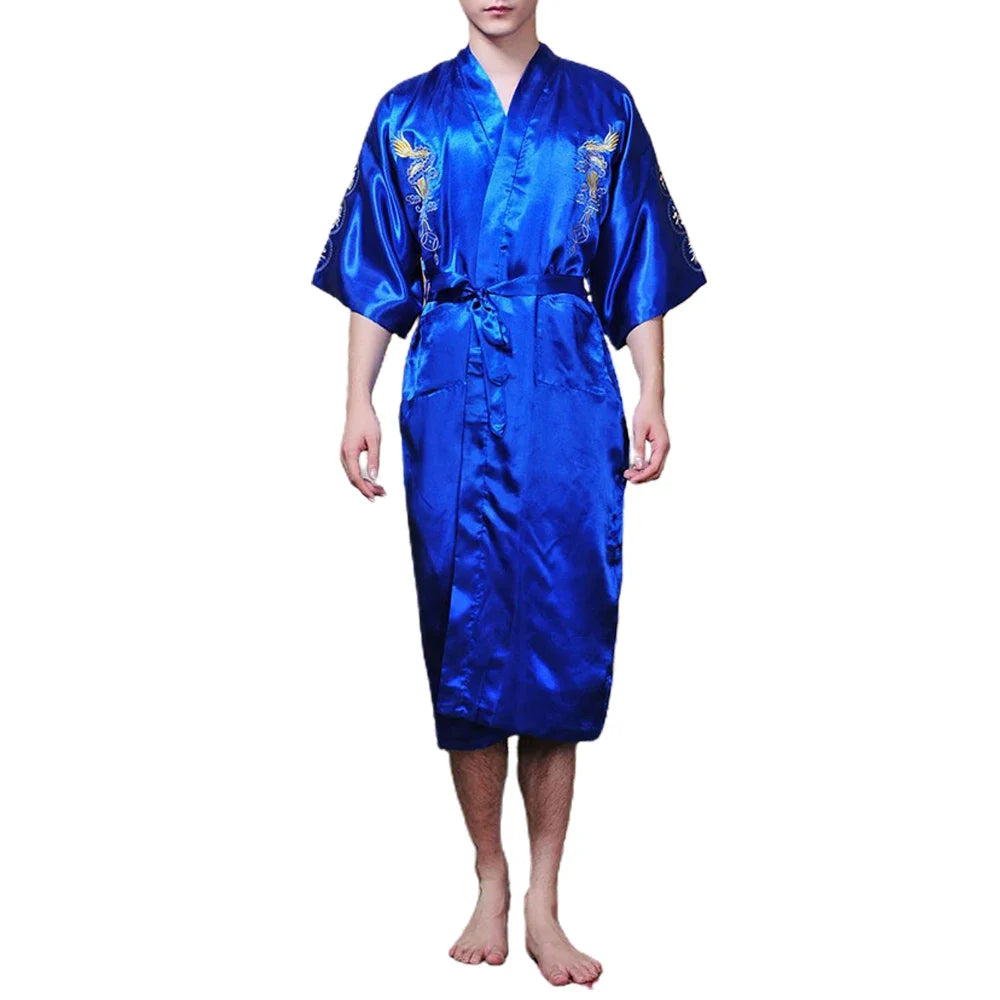 Silk Kimono Bathrobe, Chinese Dragon Design, Men's Sleepwear Gown, Satin Fabric, Navy Blue/Red/White/Black/Blue