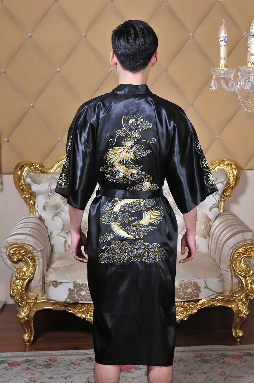 Chinese Style Robe Classical Embroider Dragon Kimono Man Homewear Long Bathrobe Satin Nightgown Loose Sleepwear Loungewear