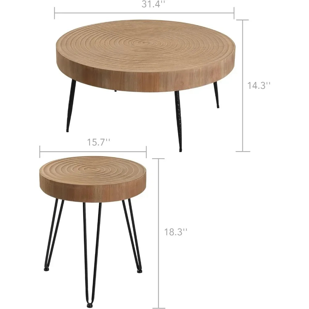 Farmhouse Round Coffee Table Set of 2, Cocktail Table Set, Modern Circle Natural Wood Finsh Side and End Table Sets