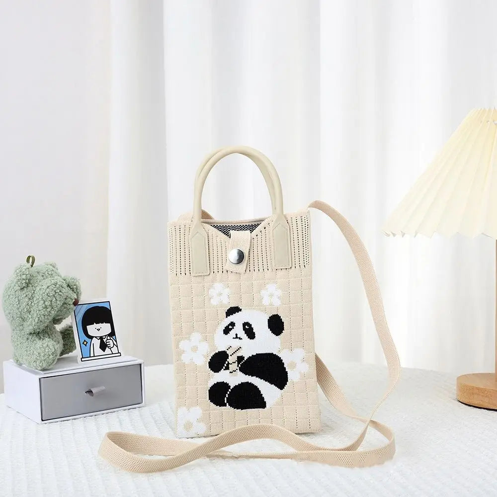 Easy To Carry Creative Mini Knit Handbag Cartoon Panda Huahua Knot Wrist Bag Reusable Large Capacity Hand Crocheted Bags Women