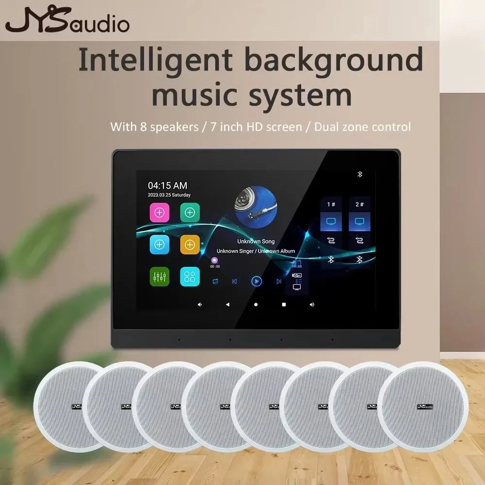 Wall-Mounted Wi-Fi Audio Amplifier with 8 Ceiling Speakers – Dual-Zone Bluetooth Control