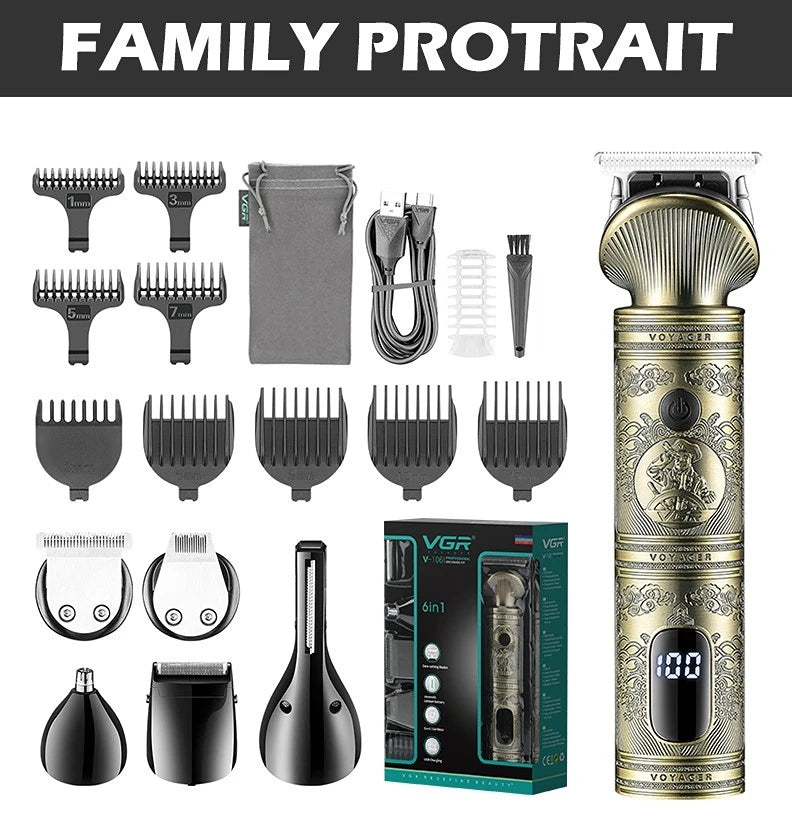 VGR Grooming Kit Hair Trimmer 6 In 1 Hair Clipper Nose Trimmer Shaver Body Trimmer Professional Rechargeable Metal Vintage V-106