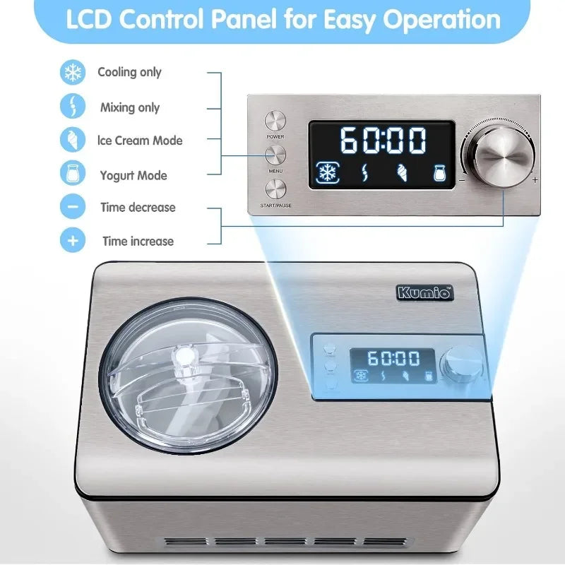 Home Kitchen Ice Cream Maker with Compressor, No Pre-Freezing, Stainless Steel Ice Cream Maker Machine with LCD Display, Timer