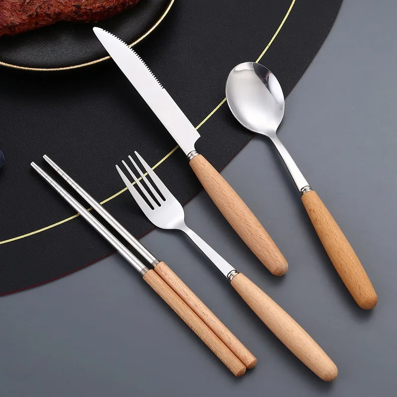 Kitchen Supplie Stainless Steel Marbled Wood Handle Knife, Fork and Spoon 5 Piece Deluxe Premium Steak and Dessert Cutlery Set