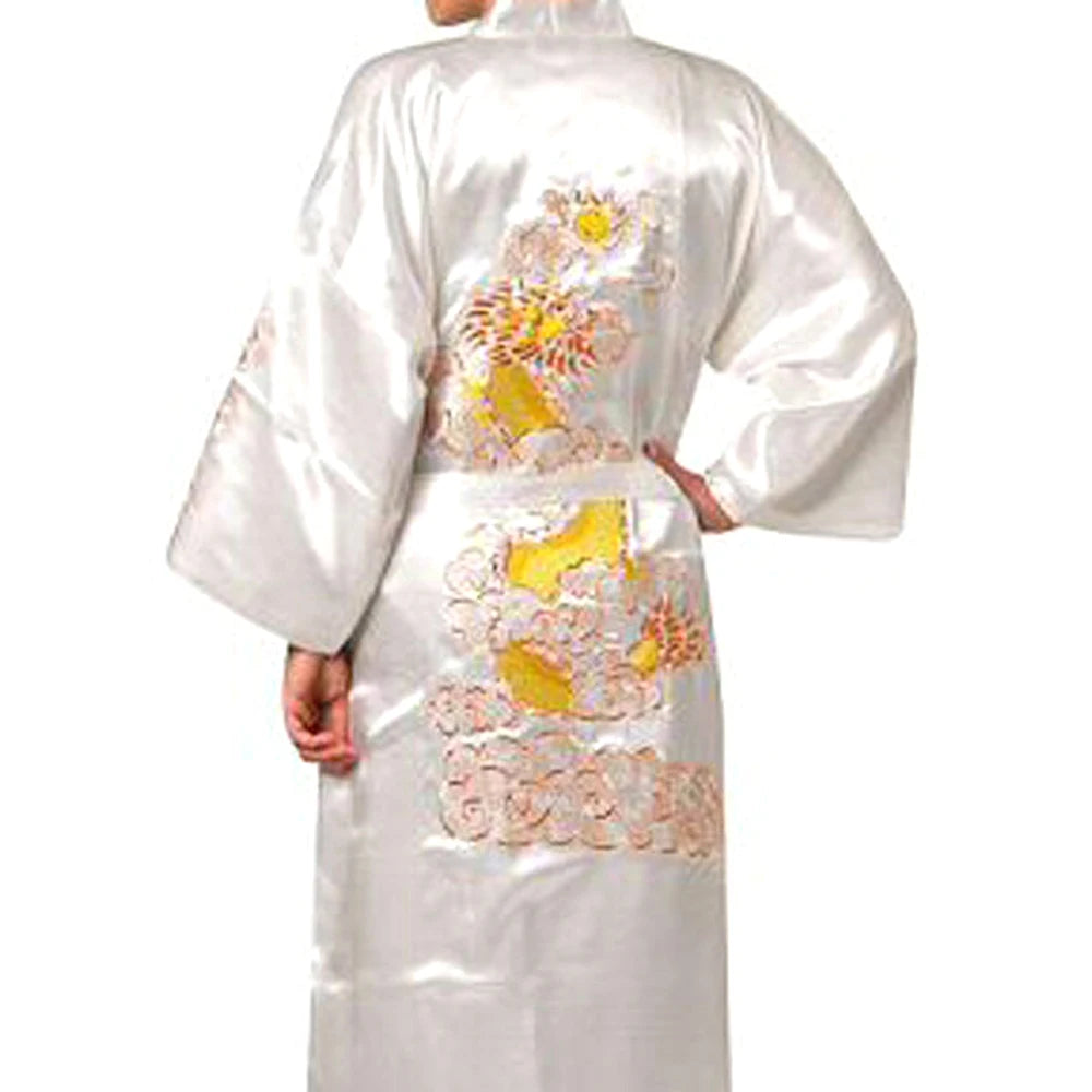 Satin Sleepwear Gown for Men, Chinese Dragon Design, Silk Kimono Bathrobe, M 2XL, Available in Multiple Colors