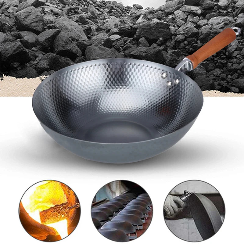 32cm Hand-forged Iron Wok household cooking pot uncoated Cookware Non-stick Thickened Iron Wok High-end Frying Pan