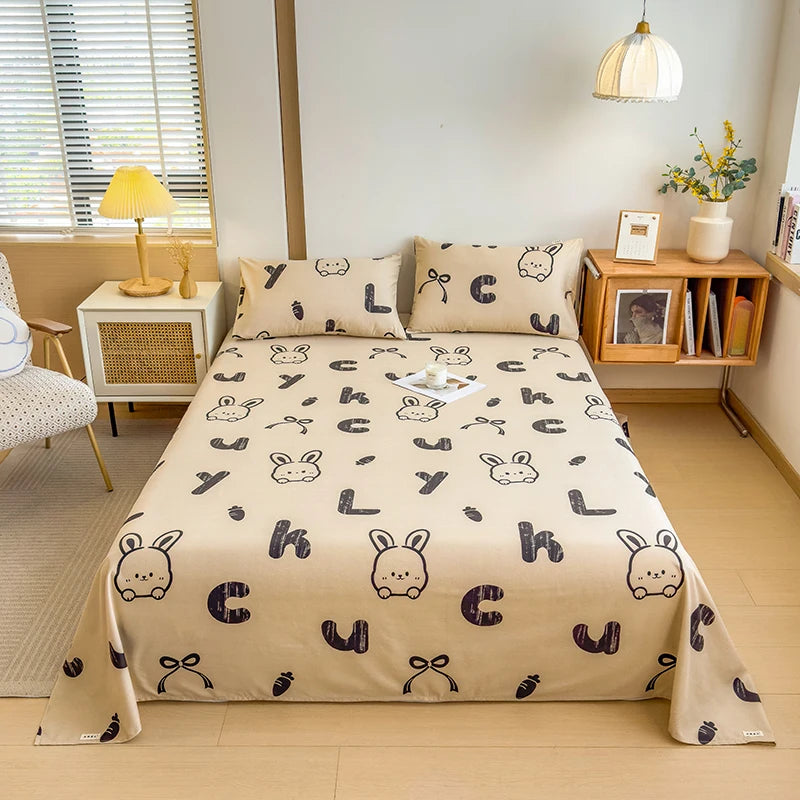 3Pcs Cartoon Strawberry Rabbit Cotton Bed Sheet Set Kawaii Style Bedroom Decor Flat Sheet High Quality Thickened Bedding Set