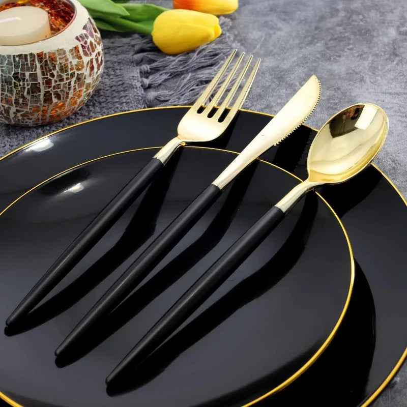 150PCS Black Plastic Plates - Black and Gold Disposable Plates - Premium Heavyweight Gold Plastic Dinnerware