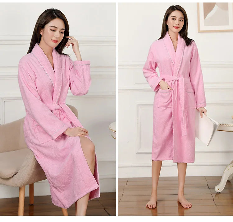 100% Cotton Couples Long Thick Absorbent Terry Bath Robe Kimono Men Light Weight Towel Bathrobe Sleepwear Women Hotel Gown Robes