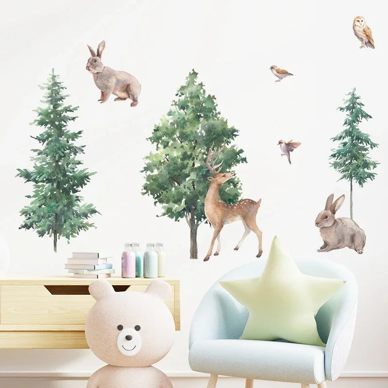 Cartoon Forest Deer Bunny Bird Wall Stickers for Kids Room Bedroom Wall Decor Home Decoration Vinyl Nordic Animals Trees Decals