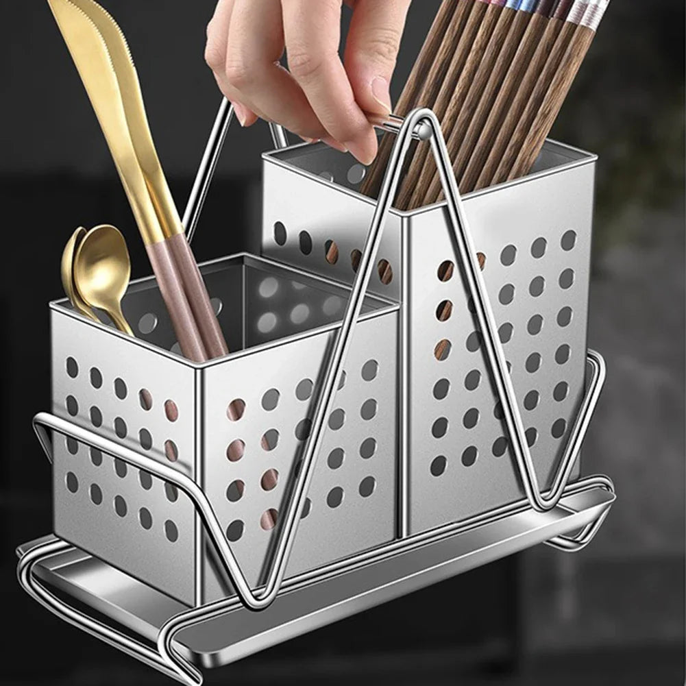 Stainless Steel Cutlery Holder Knives And Forks And Chopstick Draining Basket Draining Holes Design Kitchen Utensils Rack