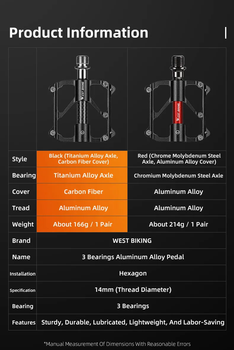 WEST BIKING Ultralight Road Bike Pedals Titanium Shaft Carbon Tube Lightweight Racing Bike Pedals 3 Bearings Non-Slip Pedals