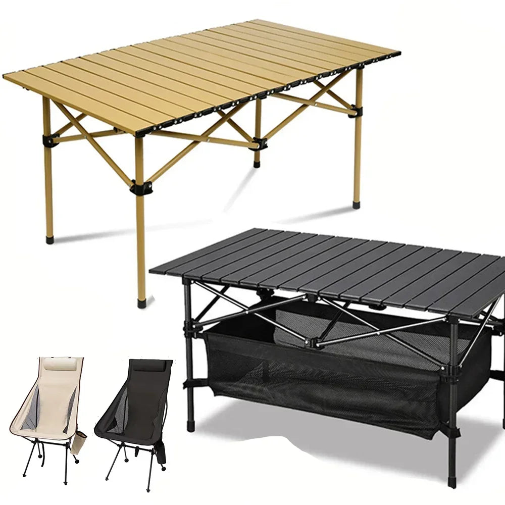 Outdoor Folding Table Carbon Steel Gold Mesh Bag Metal Camping Picnic Table Beach Comite Folding Portable Camping Chair