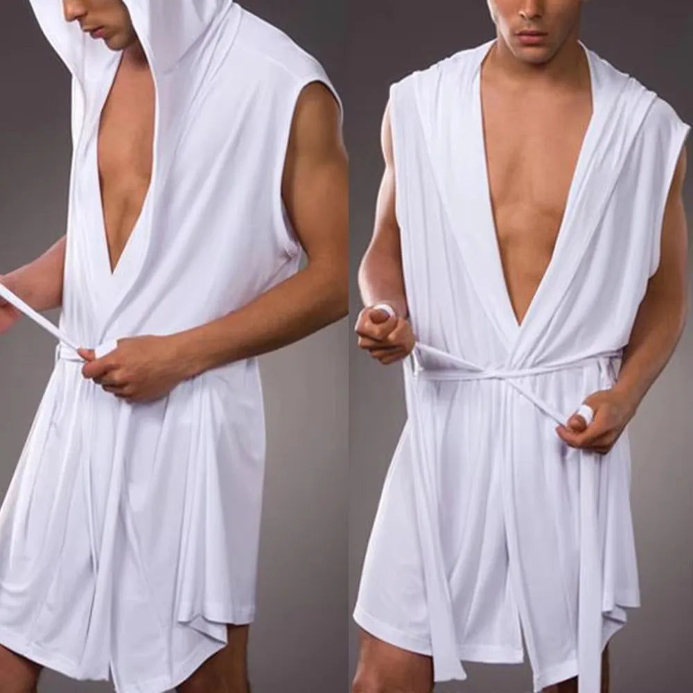 Men's bathrobes, sleepwear, solid color men's inner robe, soft silk fabric, sexy sleeveless bathrobe, thin design