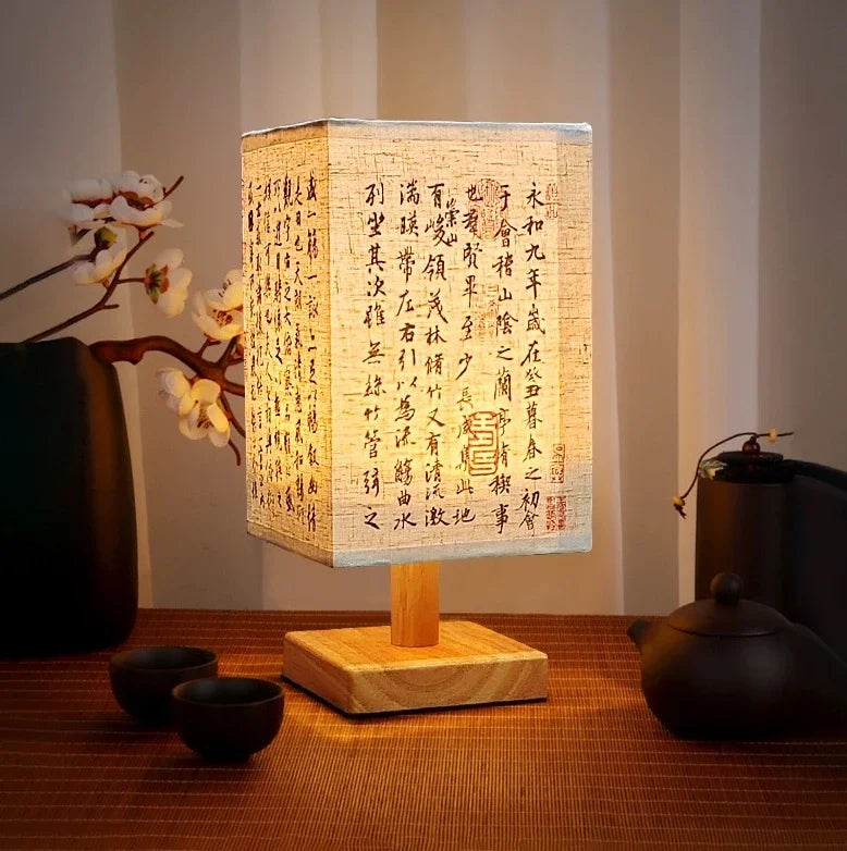 Retro Wood Desk Lamp Chinese Style Night Light Table Calligraphy Traditional Painting Decoration Bedroom Bedside Office Study