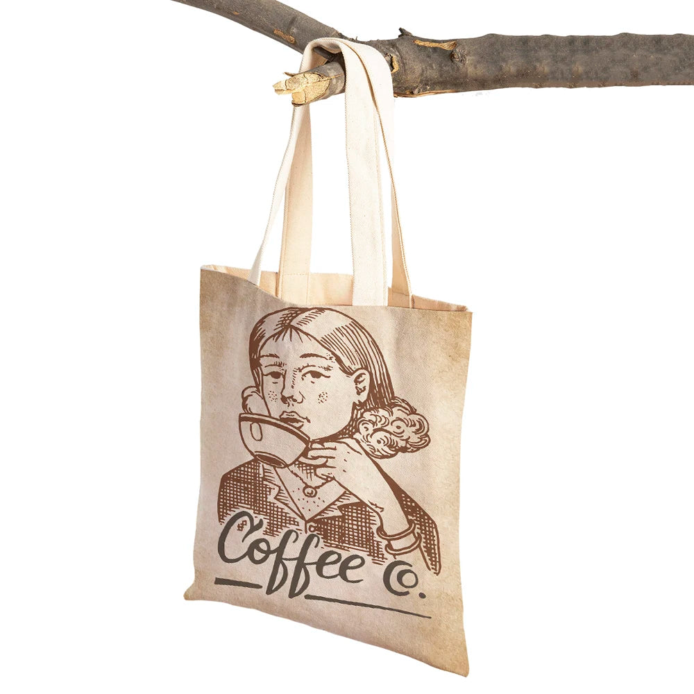 Elegant Coffee Caffeine Arabica Beans Retro Women Shopping Bags Canvas Tote Lady Handbag Reusable Foldable Shopper Bag