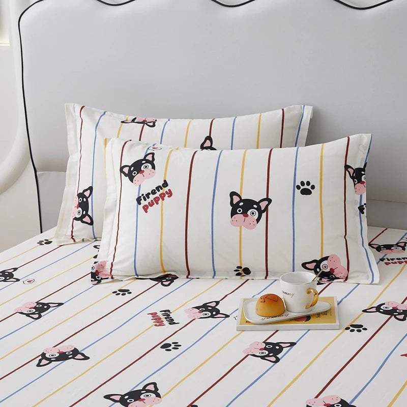 Cartoon Dog Flat Sheet Twin Queen Kawaii Bulldog Puppy Bed Sheet Set 100% Cotton Stripe Paw Print Bed Cover with 2 Pillowcase