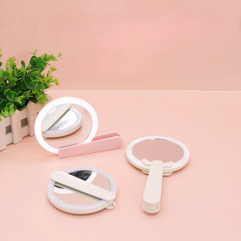 LED Rotary Switch Cosmetic Handle Makeup Mirror Heart Mirror Woman Pink White USB Charge Cute Convenient Hand Held Luxury Round