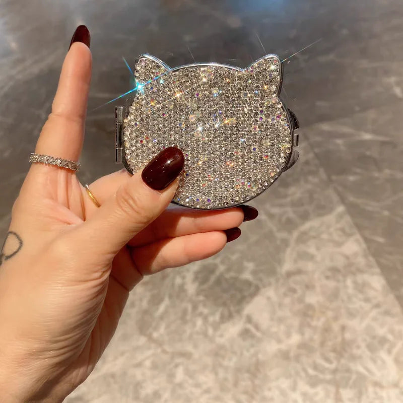 Luxury cosmetic mirror artificially diamond-encrusted cat folding HD double-sided mini portable