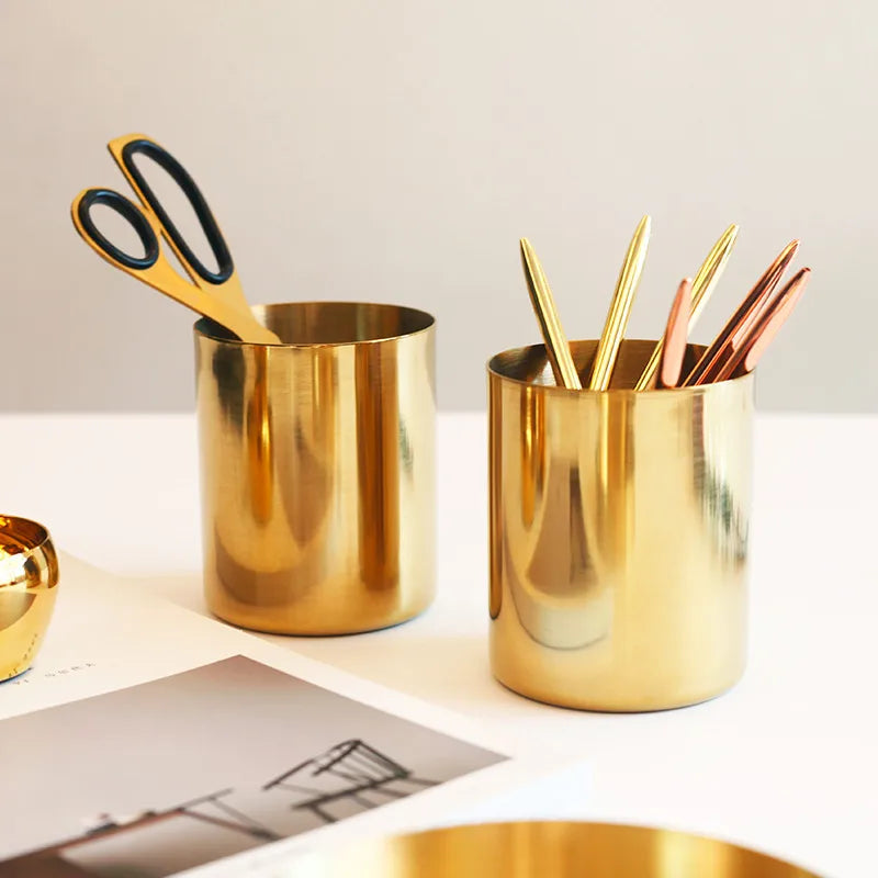 20pcs 400ml Nordic Style Brass Gold Vase Stainless Steel Cylinder Pen Holder for Desk Organizers Stand Pencil Pot Holder