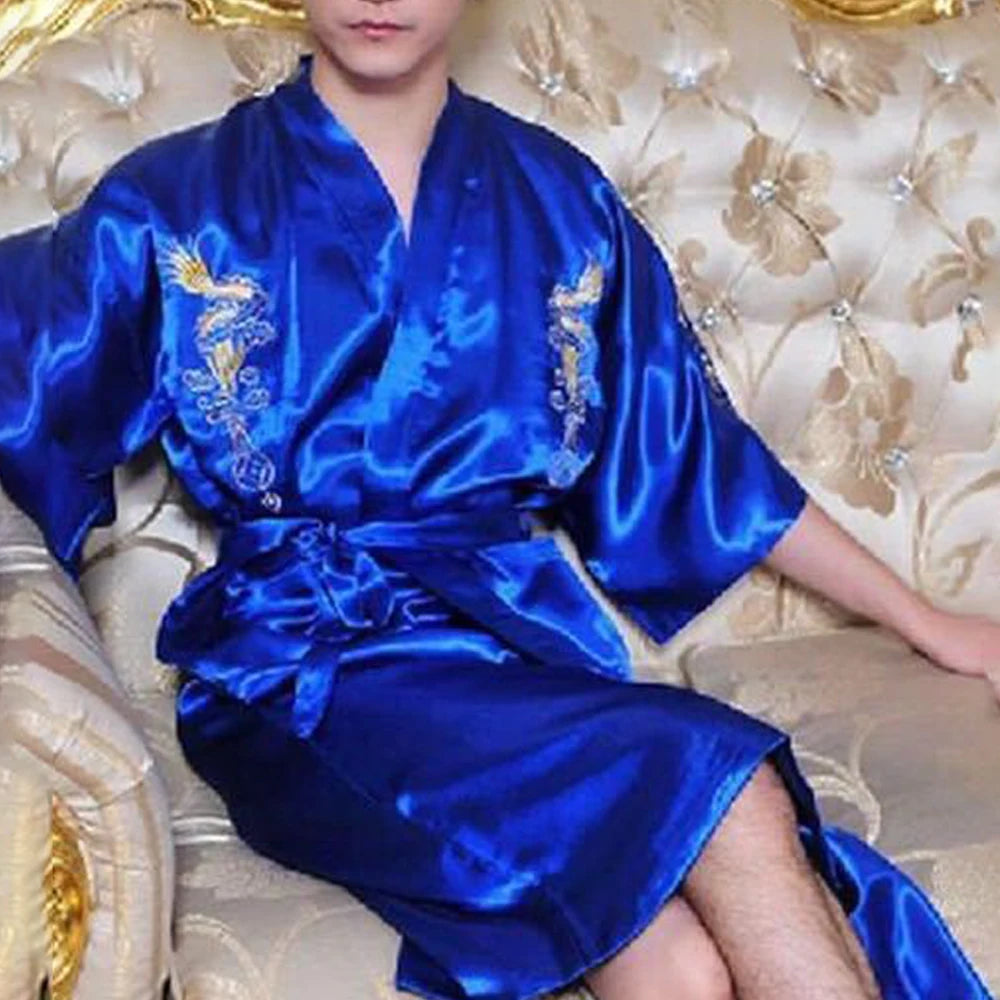 Satin Sleepwear Gown for Men, Chinese Dragon Design, Silk Kimono Bathrobe, M 2XL, Available in Multiple Colors