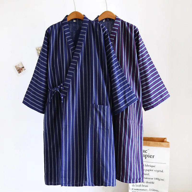 Japanese Double-layer Cotton Striped Design Men's Kimono Lace Up Bathrobes for Spring and Autumn Thin Home Wear Men's Robe