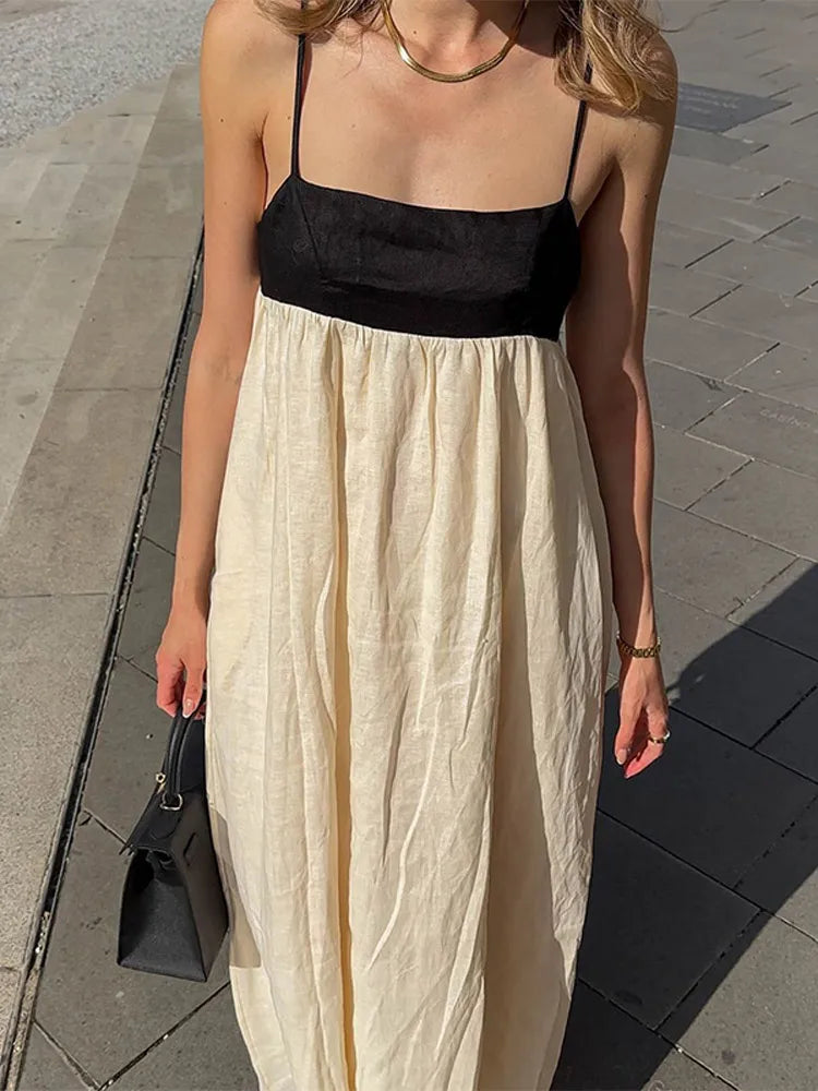 Contrast Splicing Loose Sling Long Dresses Women Square Collar Sleeveless Backless High Waist Dress 2024 Summer Lady Street Robe