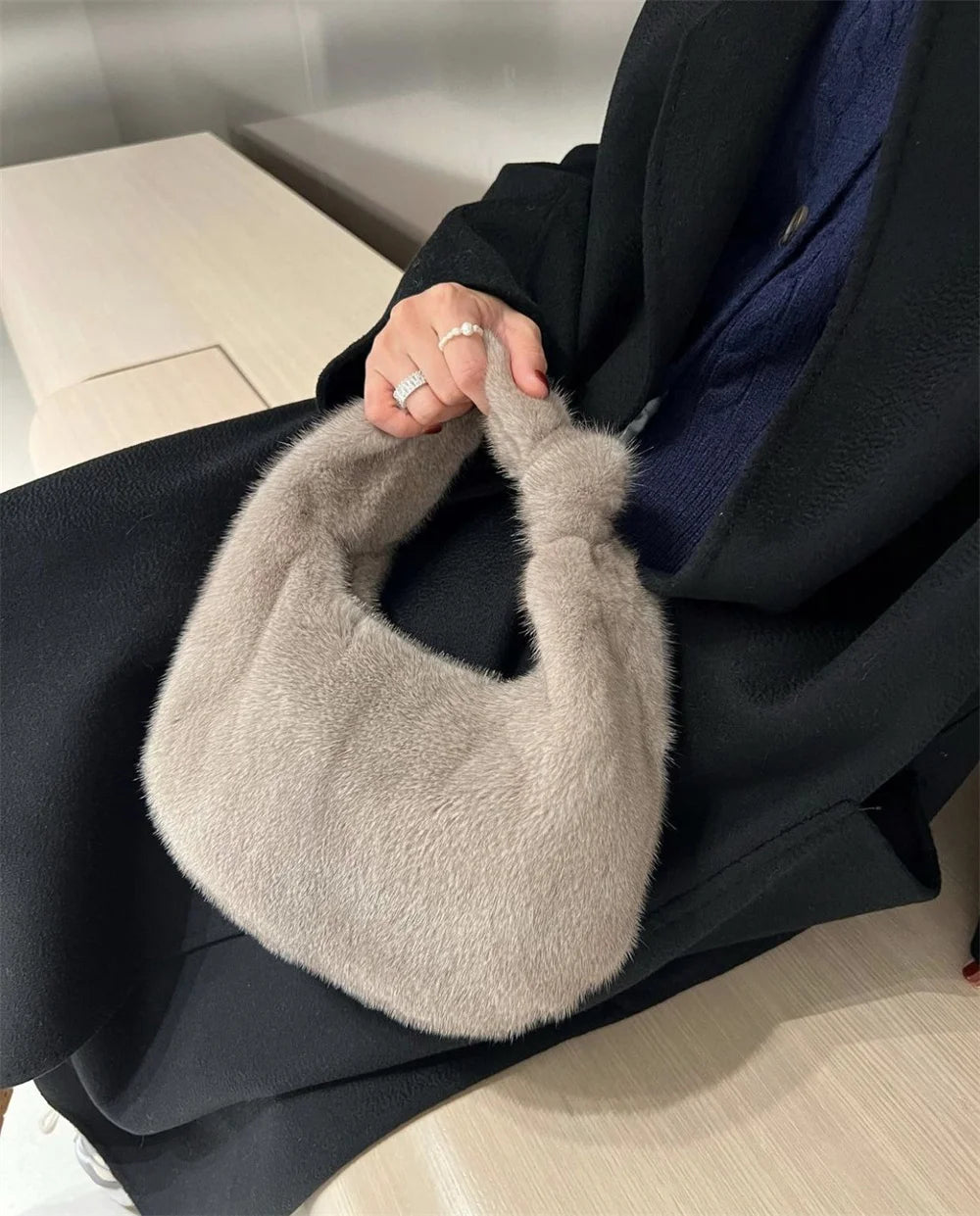 Designer Real Mink Fur Handbag Women's Soft Real Fur Weaving Knotting Handbags Women Party Evening Handbag Ladies Bag Real Fur