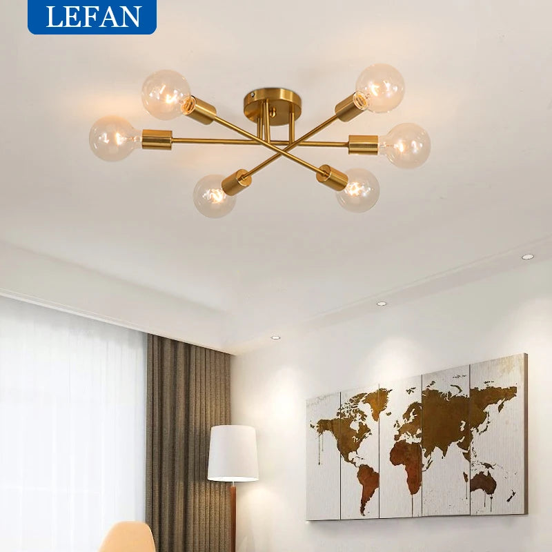 Modern Nordic LED Chandelier Semi Flush Mount Ceiling Lamp Brushed Antique Gold Home Decor Lighting Fixture