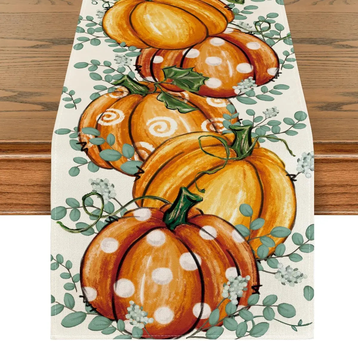 Polka Dot Pumpkins Vine Fall Table Runner Seasonal Autumn Thanksgiving Kitchen Dining Tablecloth Decoration for Home Party Decor