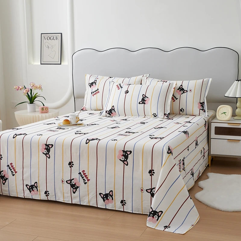 Cartoon Dog Flat Sheet Twin Queen Kawaii Bulldog Puppy Bed Sheet Set 100% Cotton Stripe Paw Print Bed Cover with 2 Pillowcase