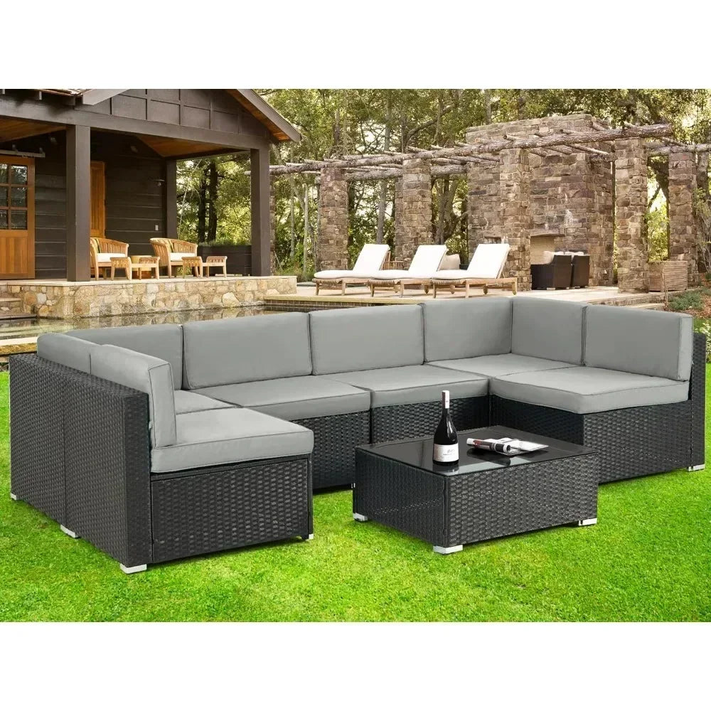 Patio Furniture Sets, 7 Piece PE Rattan Wicker Sofa Set, Outdoor Sectional Furniture Chair Set, Outdoor Furniture Sets