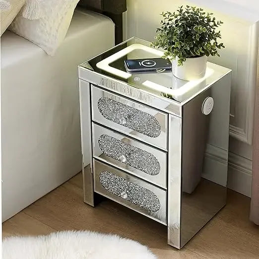 Silver Mirrored Nightstand with LED & Wireless Charging