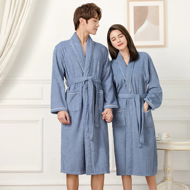 100% Cotton Couples Long Thick Absorbent Terry Bath Robe Kimono Men Light Weight Towel Bathrobe Sleepwear Women Hotel Gown Robes