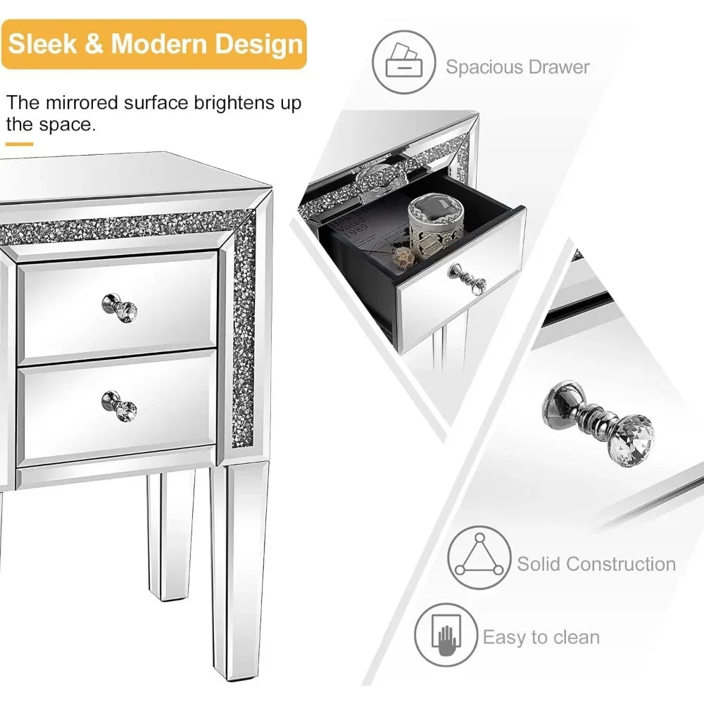 Mirrored Nightstand – Silver Glass End Table with Storage