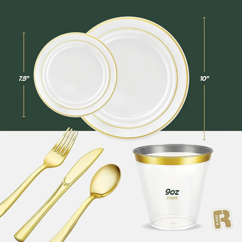 600pcs Plastic Dinnerware Set 100 Guest, Gold Plastic plates for party, Gold Party Plates Sets For 100 Guests, Premium Wedding