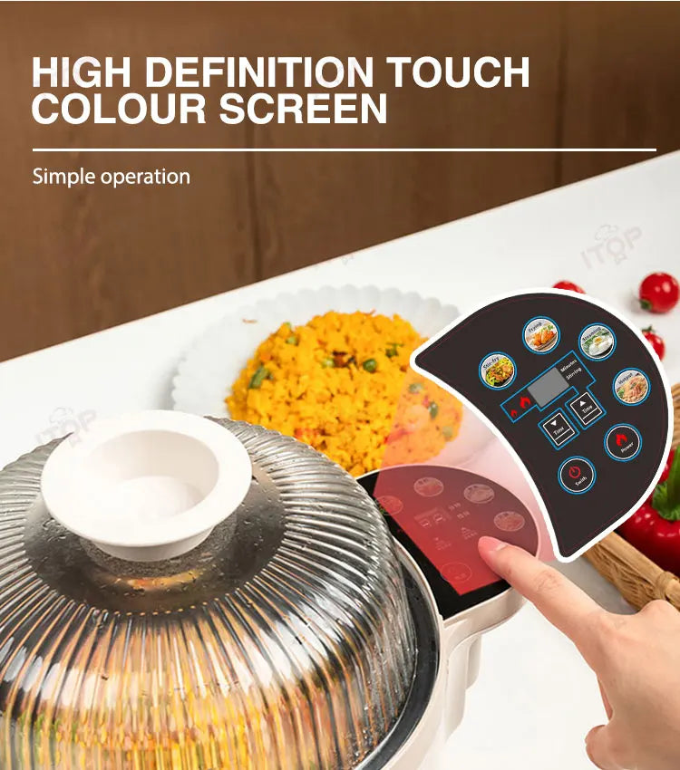 Household Stir Fry Machine 3.5L 1400W Multi Function Steamer, Frying Pan, Hotpot, Wok 360° Stir Touch Colour Screen Food Coating