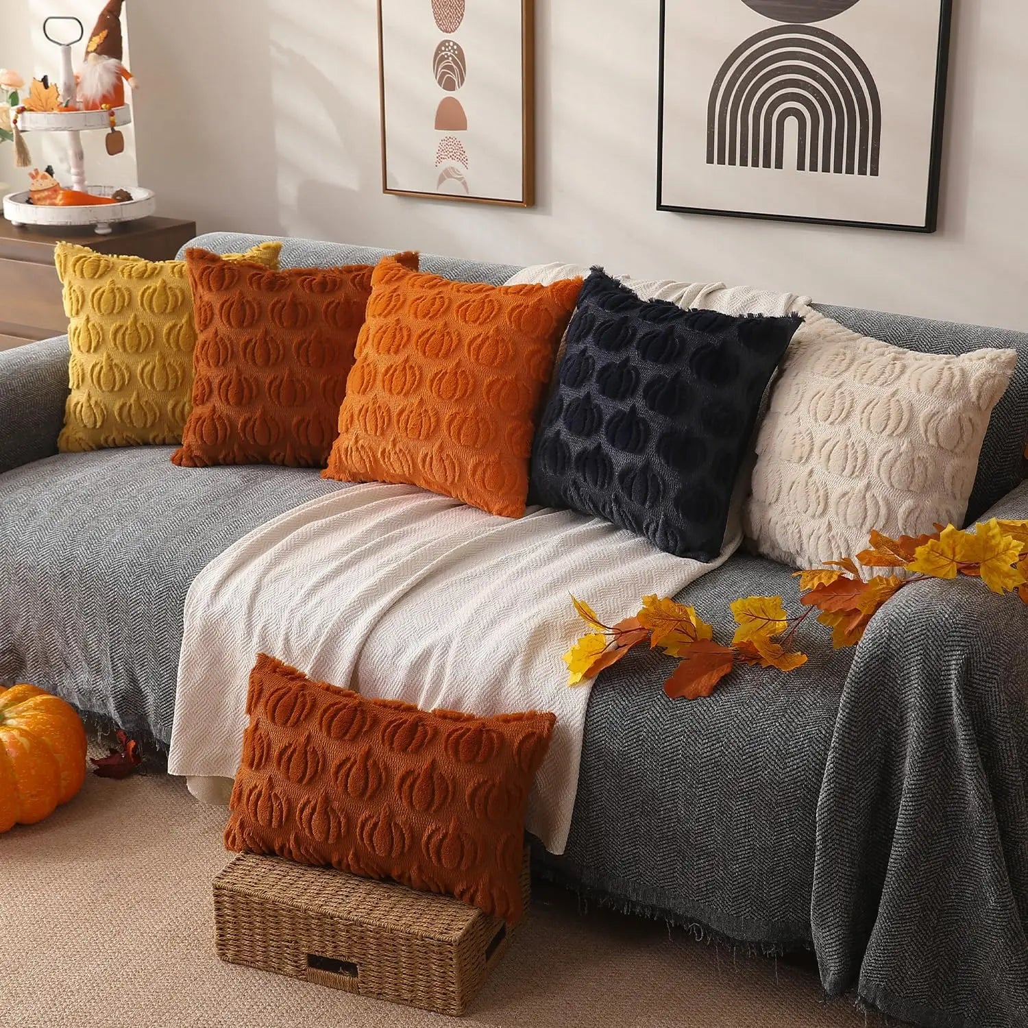 Pillow Covers 18x18 Fall Decorations Autumn Rust Pumpkin Throw Pillow Cases Soft Plush Faux Fur Wool Couch Cushion Case for Chai