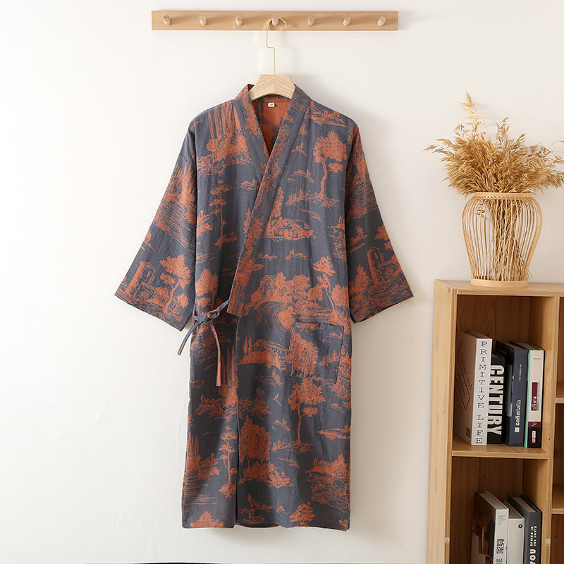 Blue Green Colors Printed Robe for Men Cotton Kimono Men Bathrobe for Spring and Summer Autumn Cotton Long Style Men Kimono Robe