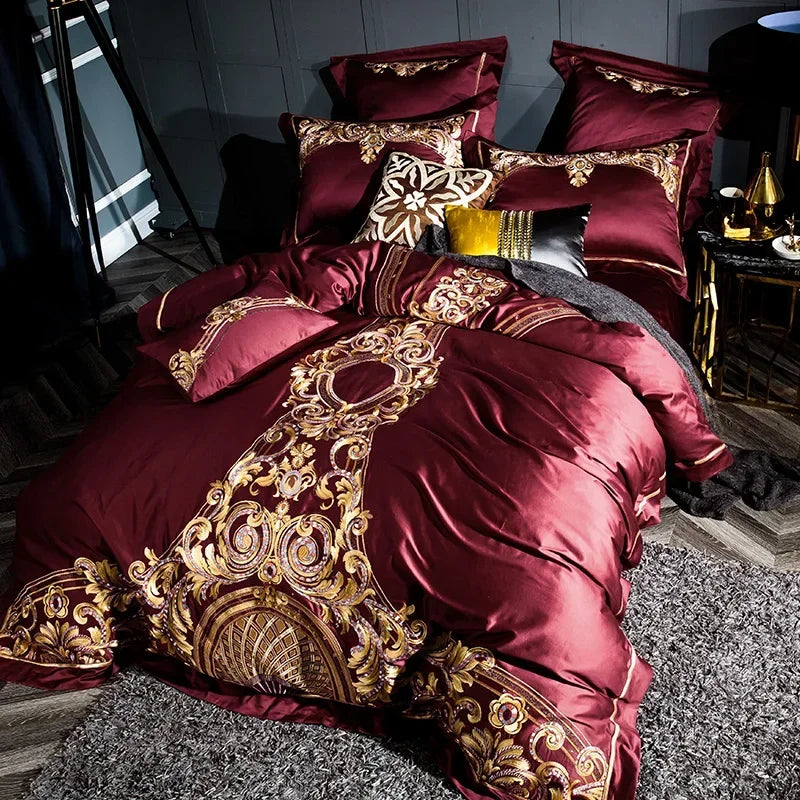 Luxury Gray Red 1000TC Satin Egyptian Cotton Bedding set Gold Royal Embroidery Queen King Duvet Cover Bed Linen/sheet Pillowcase